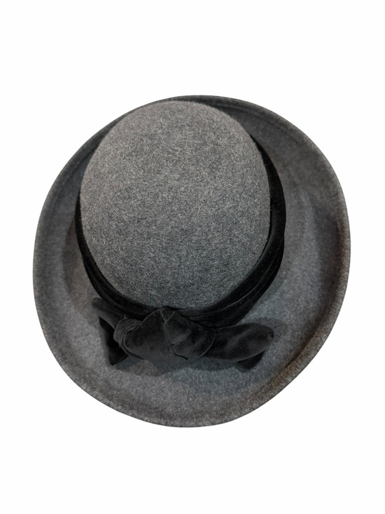 Vintage Laura Ashley 100% Wool Bowler Cloche Hat Gray Black Velvet Bow main image 4